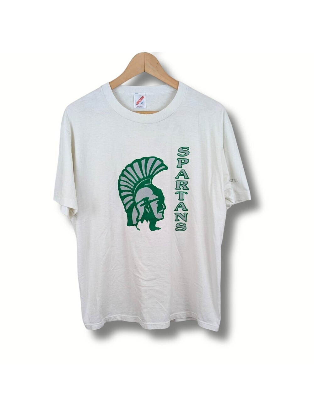 Vintage 80s Jerzees Spartans T-Shirt White Green Graphic Size M Made in USA